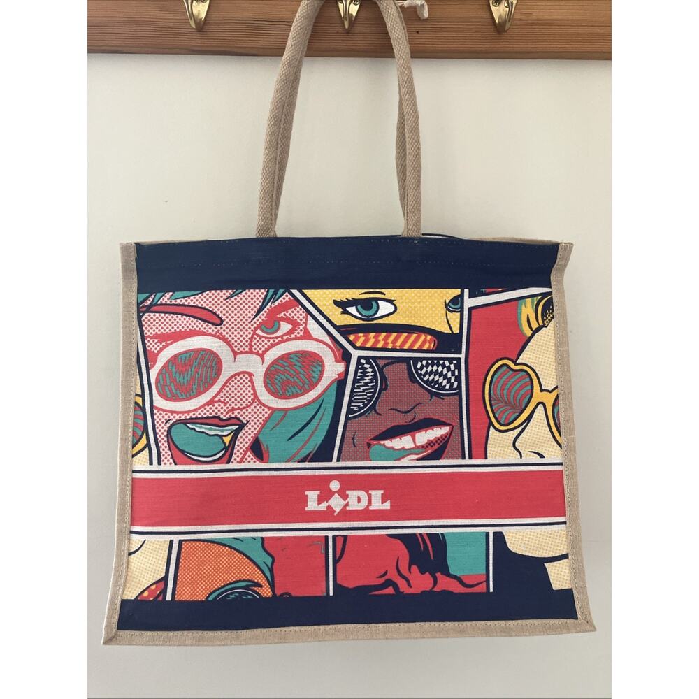 Rare LIDL Pop Art Colorful Comic Natural Jute Eco Tote Beach Shopping Bag 18x15